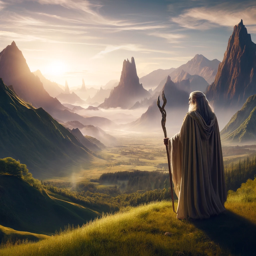 A Gandalf-style wizard with a staff gazes over a mountain valley at dawn, pointing the way