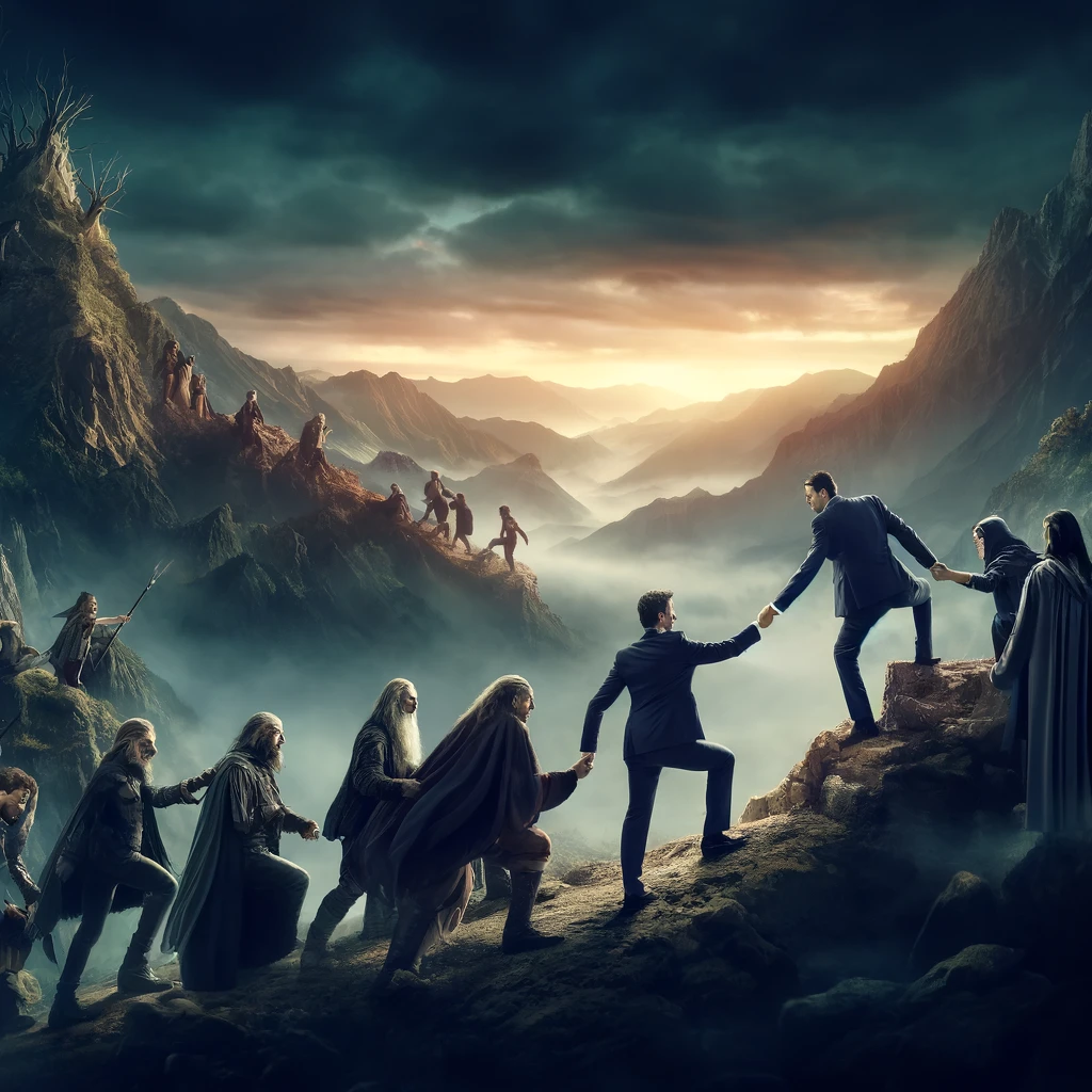 Executives and fantasy characters help each other climb a mountain, a symbol of team resilience