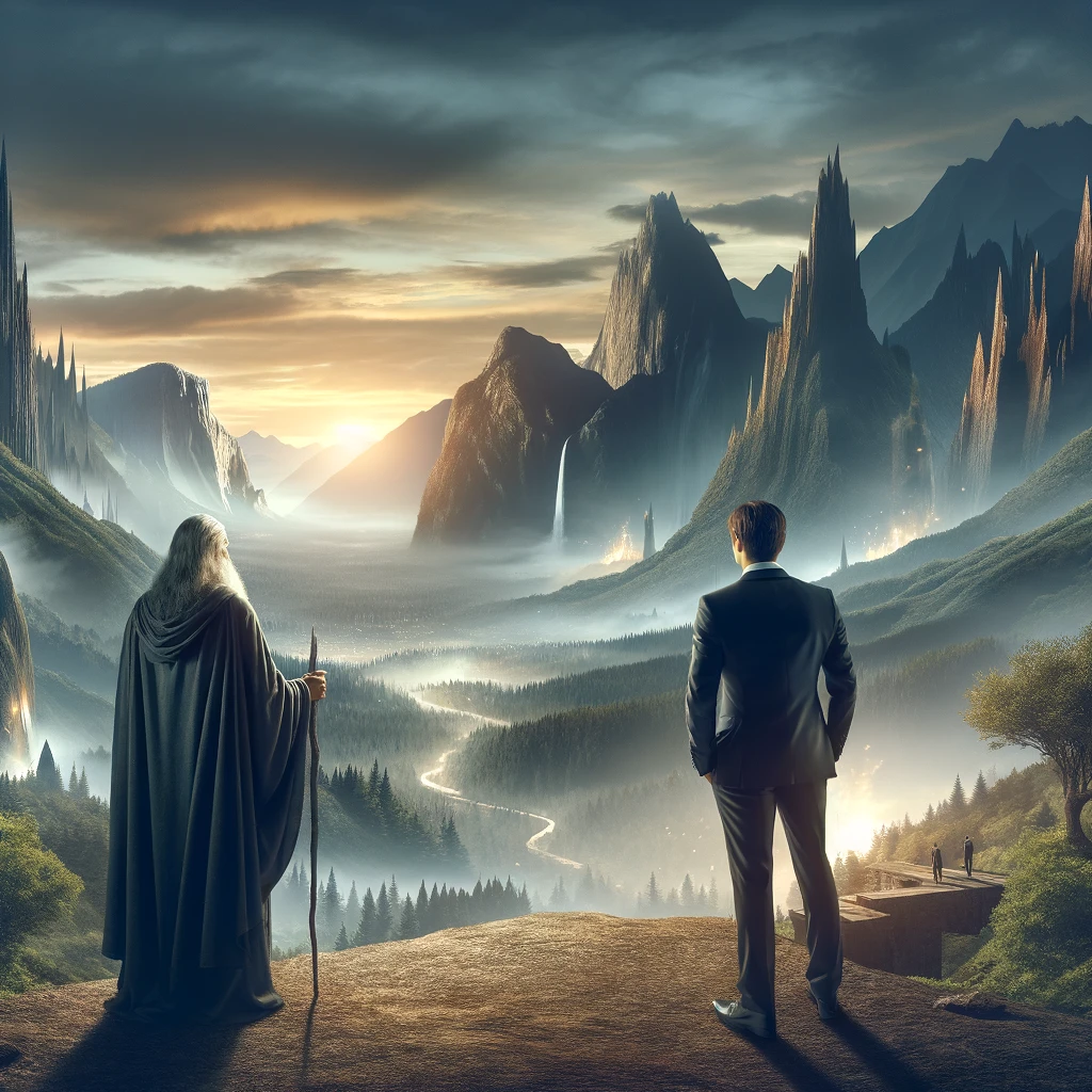 A wizard and a suited executive look out over a valley on the horizon, evoking long-term vision