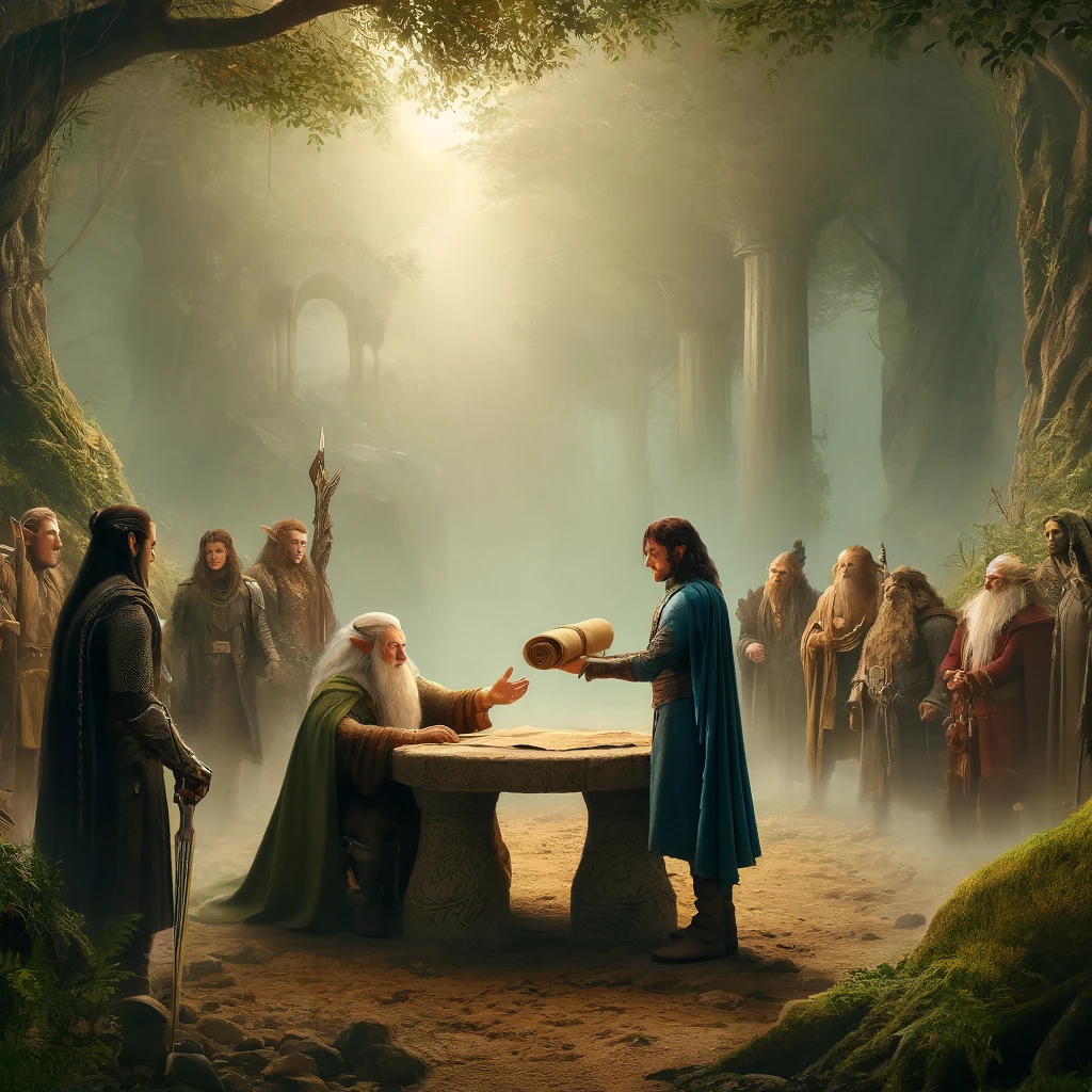 A wizard hands an assignment to an executive in a forest, a scene that illustrates trust and delegation