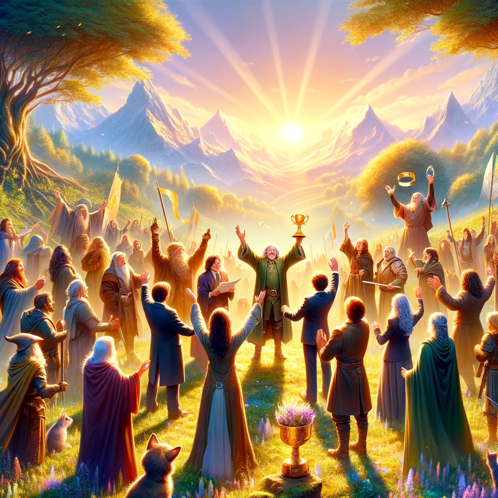 A group celebrates raising a golden cup at dawn, a symbol of perseverance and shared achievement