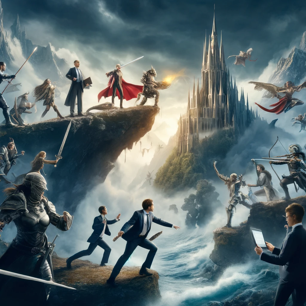 An epic battle beside a fortress with executives and warriors, evoking leadership under pressure