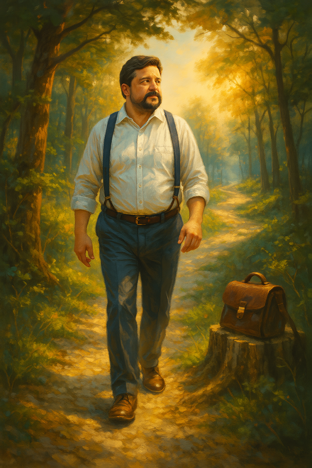 Painting of a man in suspenders walking alone down a sunlit forest path, leaving a briefcase behind
