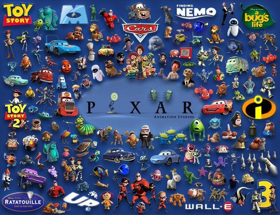 Characters from several Pixar films together, an example of a creative and collaborative culture