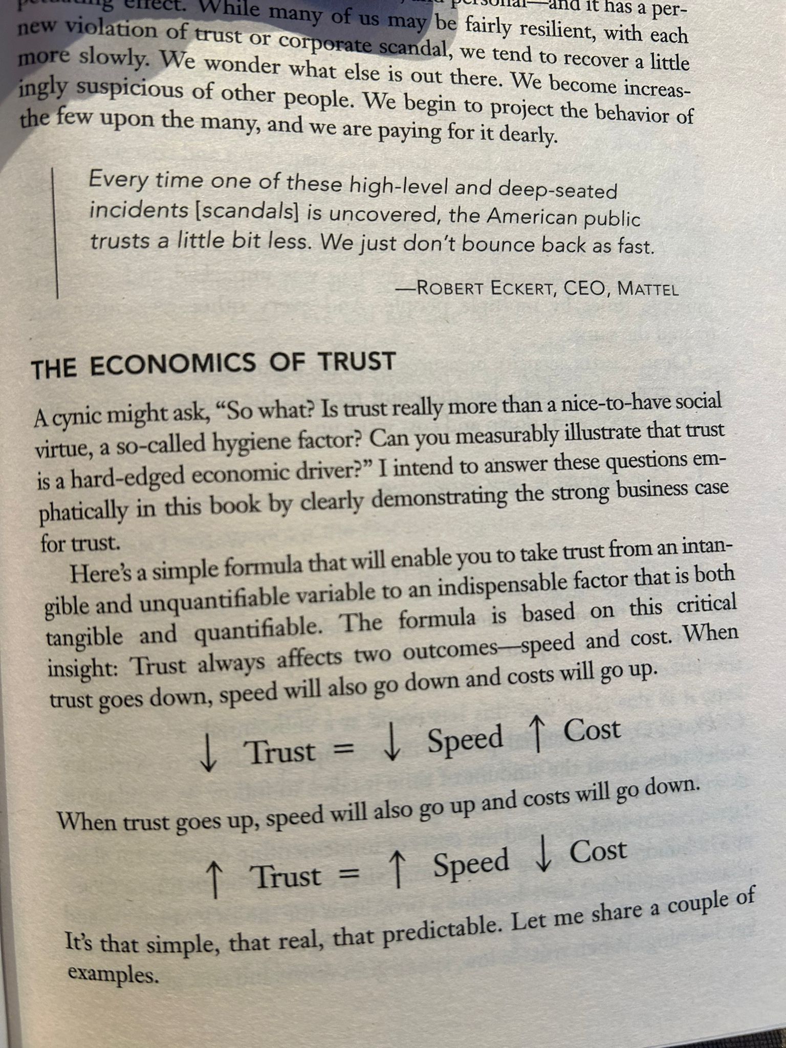Page from the book on the economics of trust, with the trust, speed and cost formula