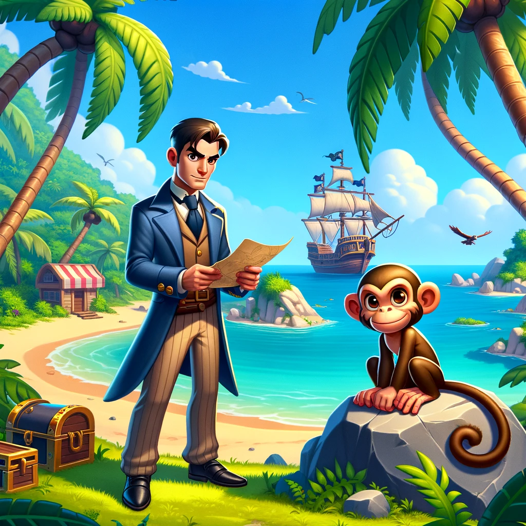 Monkey Island style graphic adventure illustration: a detective on a Caribbean beach with a pirate ship and a monkey