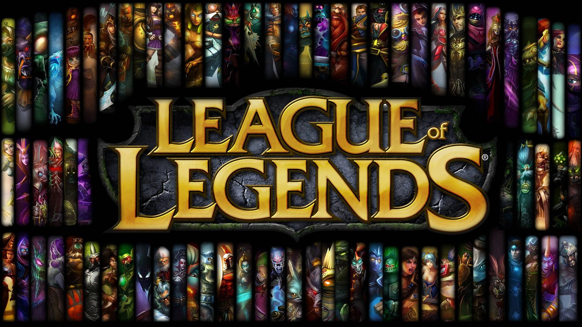 League of Legends logo over a mosaic of the game's champions