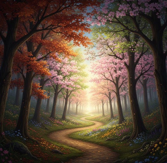 Illustration of a winding path through a forest with autumn trees and cherry blossoms