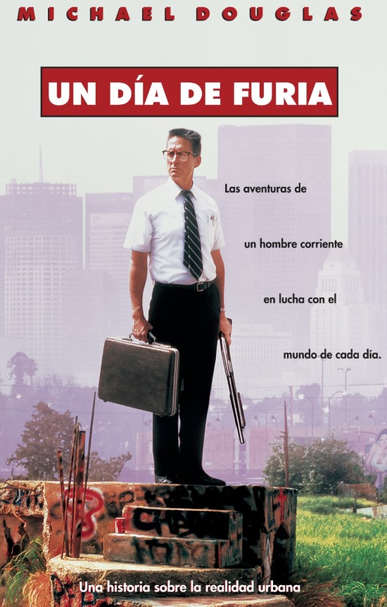 Poster for the film Falling Down with Michael Douglas holding a briefcase in front of a city