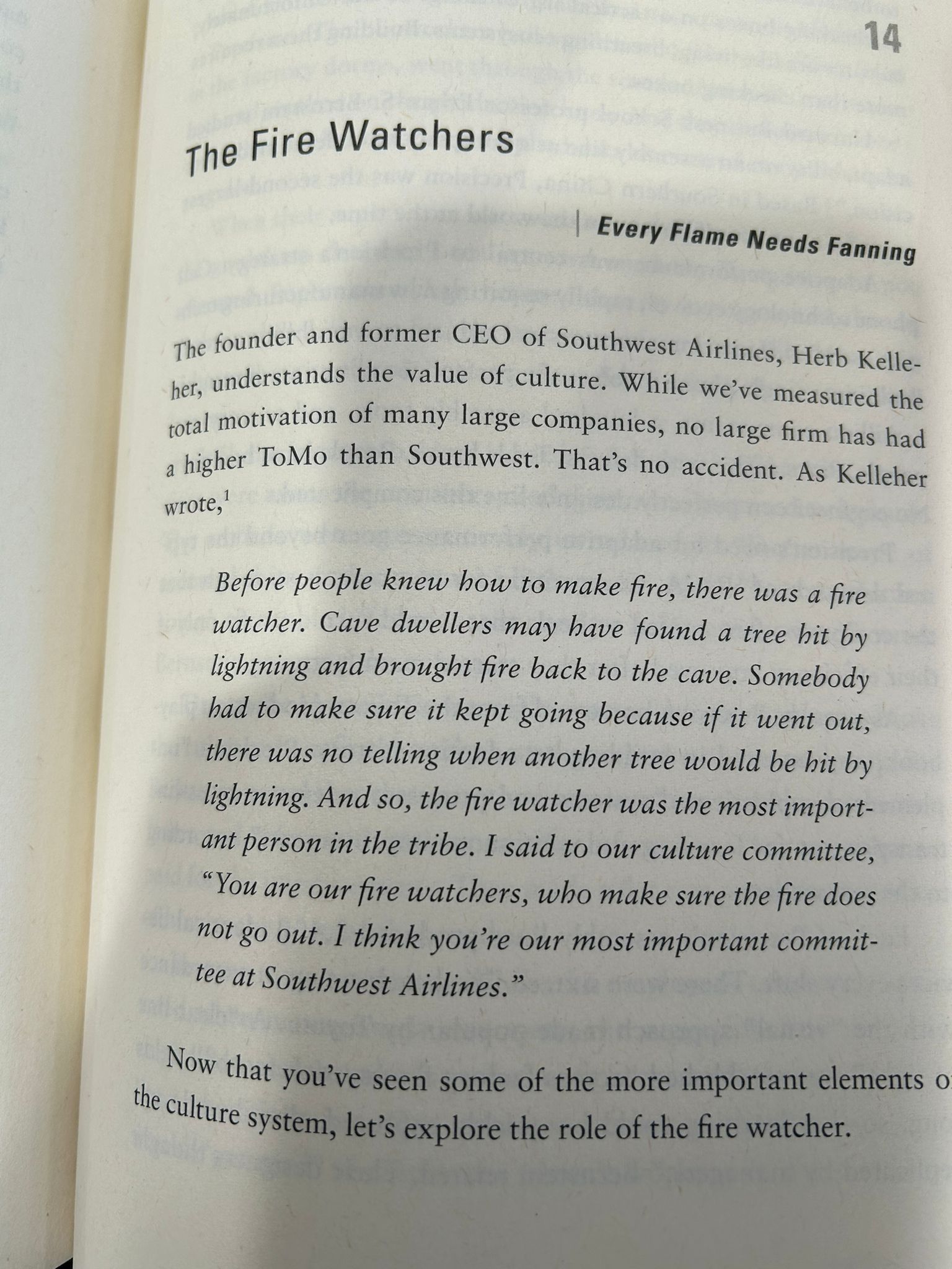 Page from the book with the chapter The Fire Watchers and the Herb Kelleher quote