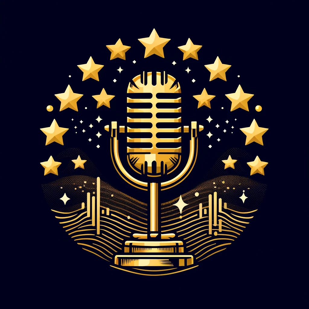 Golden logo of a podcast microphone surrounded by stars on a dark blue background