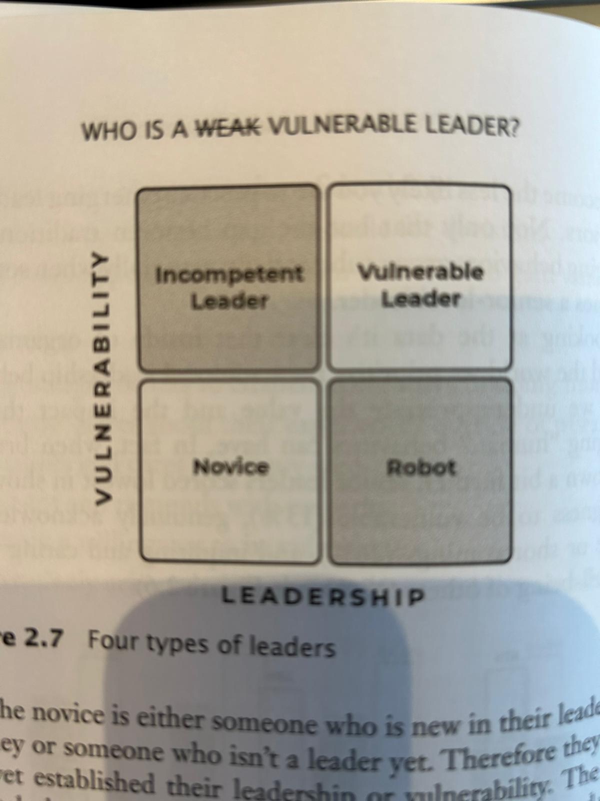 The book's matrix with four types of leader based on vulnerability and leadership