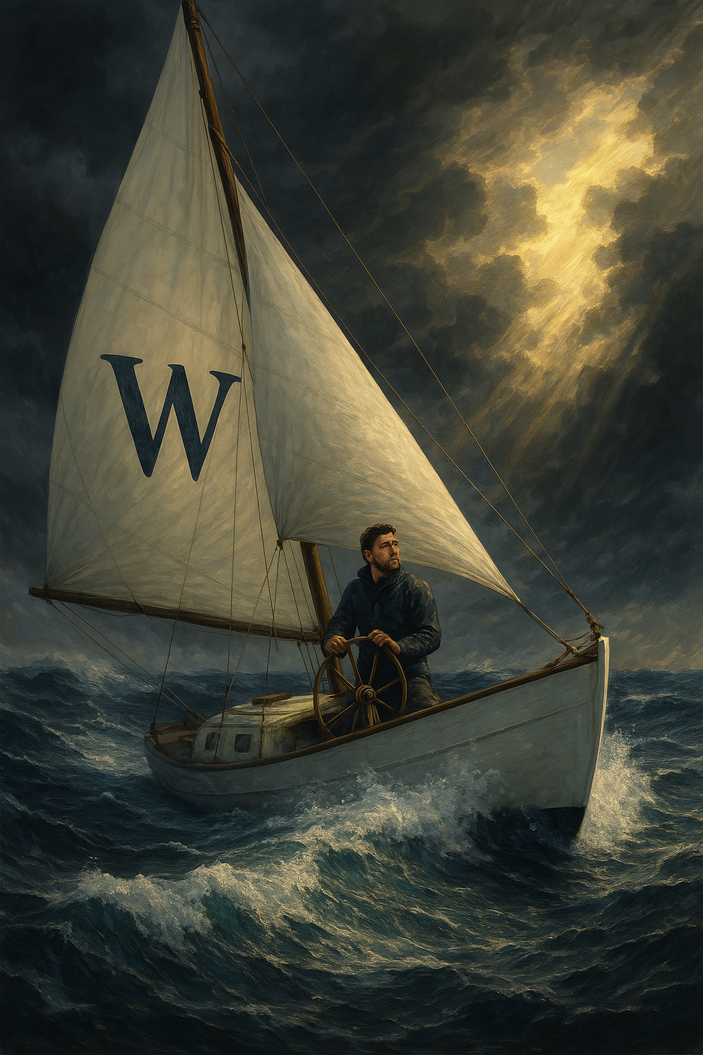 A sailor at the helm of a W-marked sailboat navigating rough seas in a storm