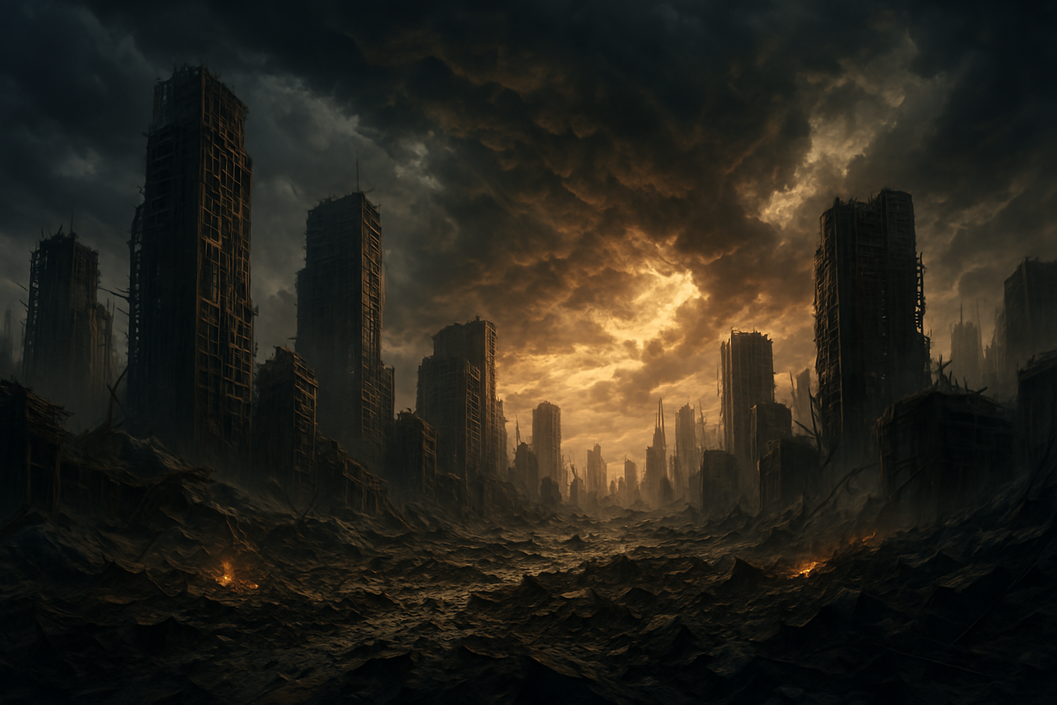 A city in ruins with destroyed skyscrapers under a dark, apocalyptic sky