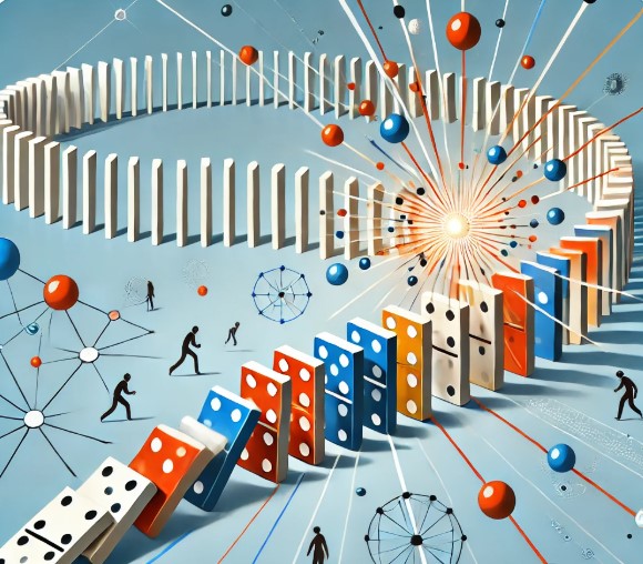 Illustration of dominoes falling in a chain reaction with networks of nodes and people