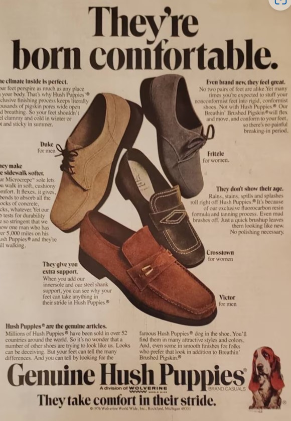 Vintage Hush Puppies shoe ad with the slogan They're born comfortable