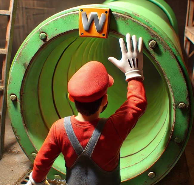 Mario-style character in front of a green pipe with a plaque of the letter W for W Executive