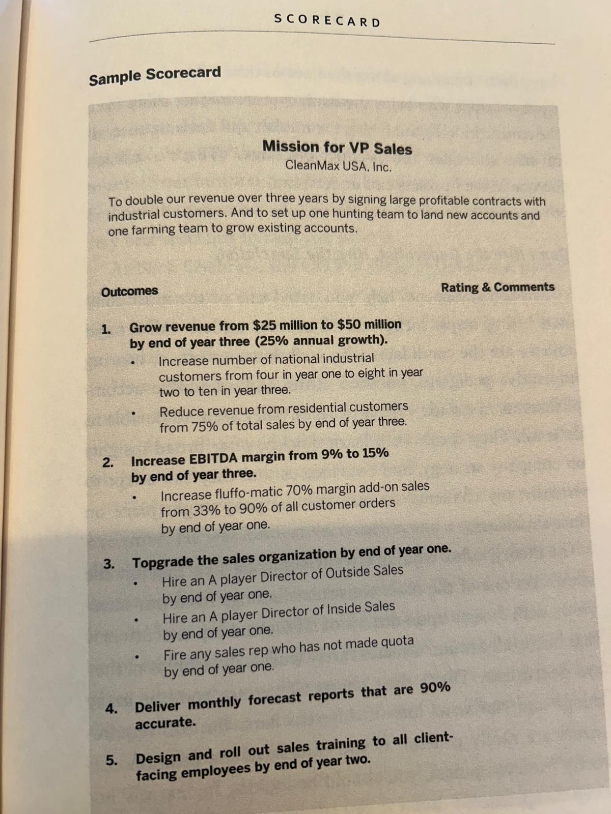 A page from the book showing a sample Scorecard with the mission and outcomes for a VP of Sales