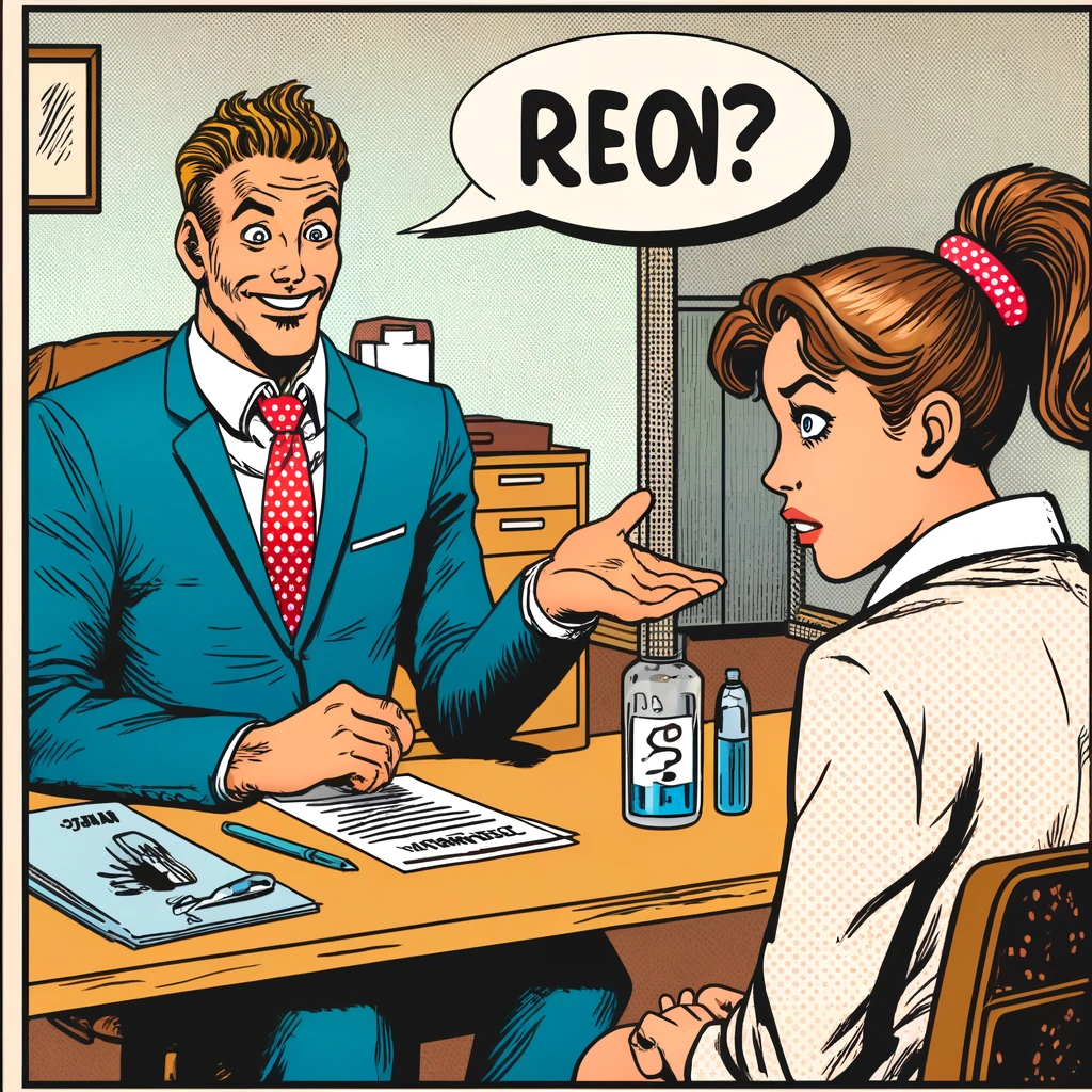 Comic-style cartoon of a job interview between a man and a female candidate
