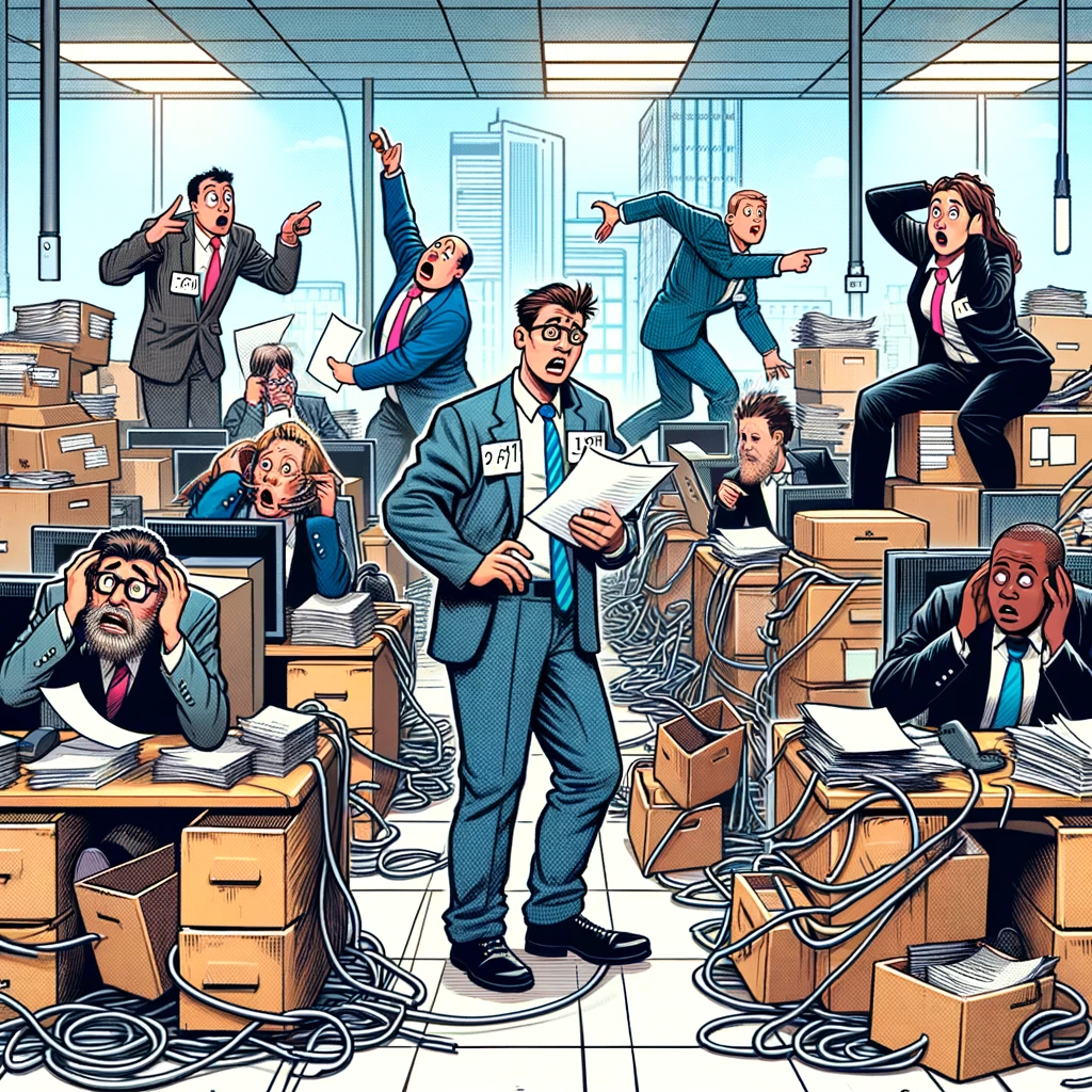 Illustration of a chaotic office with stressed employees among boxes and tangled cables