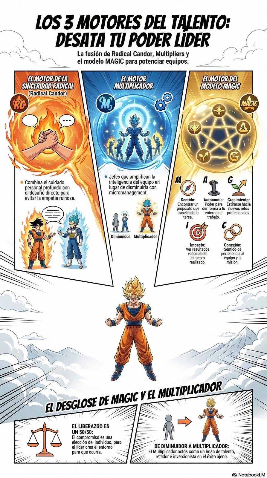 Dragon Ball-style infographic with the 3 engines of talent: Radical Candor, Multipliers and the MAGIC model