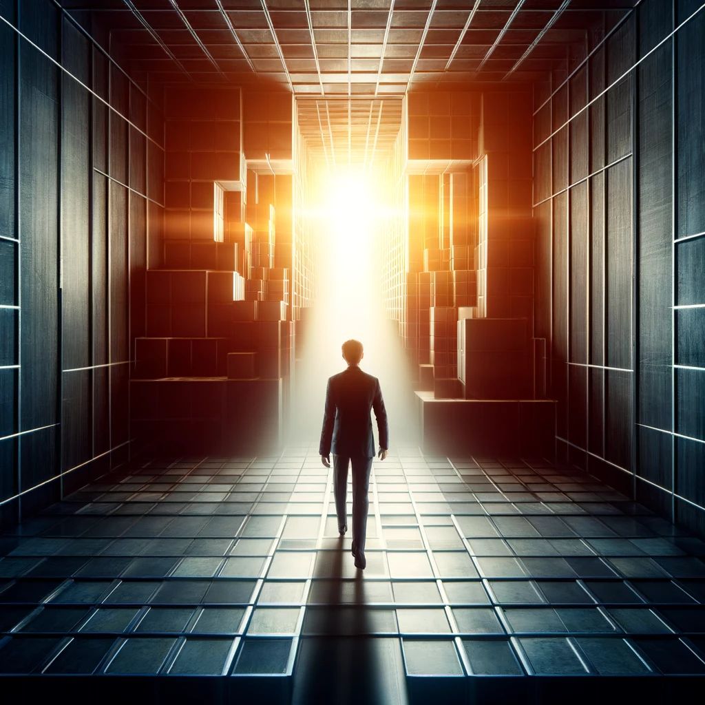 Silhouette of a person walking toward a lit exit at the end of a dark hallway