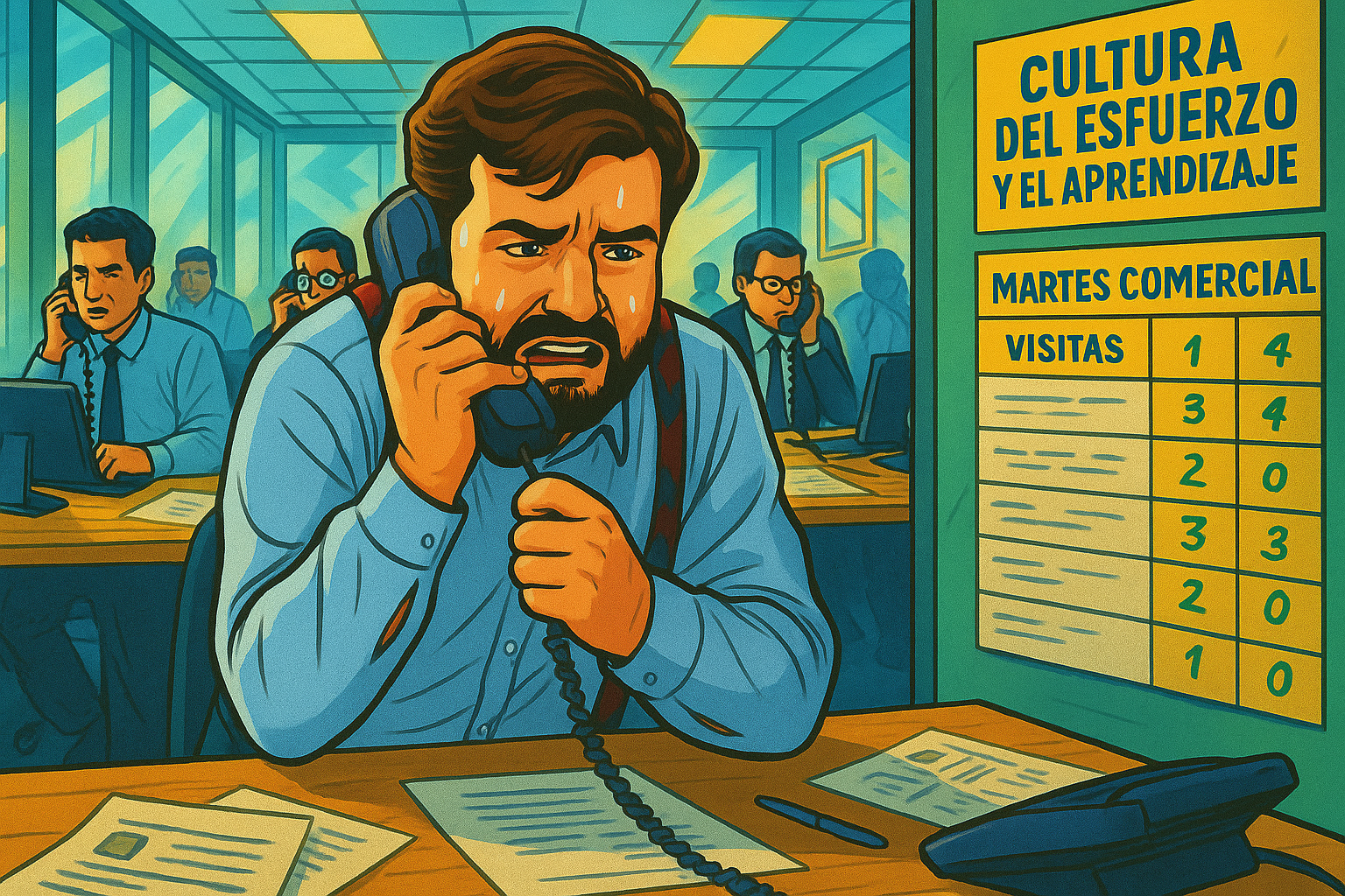 Illustration of a tense salesperson making calls in an office with a sales Tuesday whiteboard