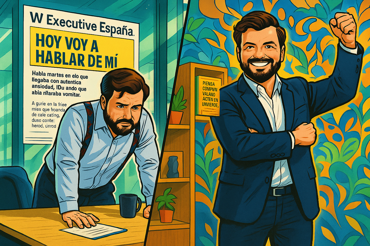 Illustration contrasting an overwhelmed professional in the past with his confident, triumphant self today