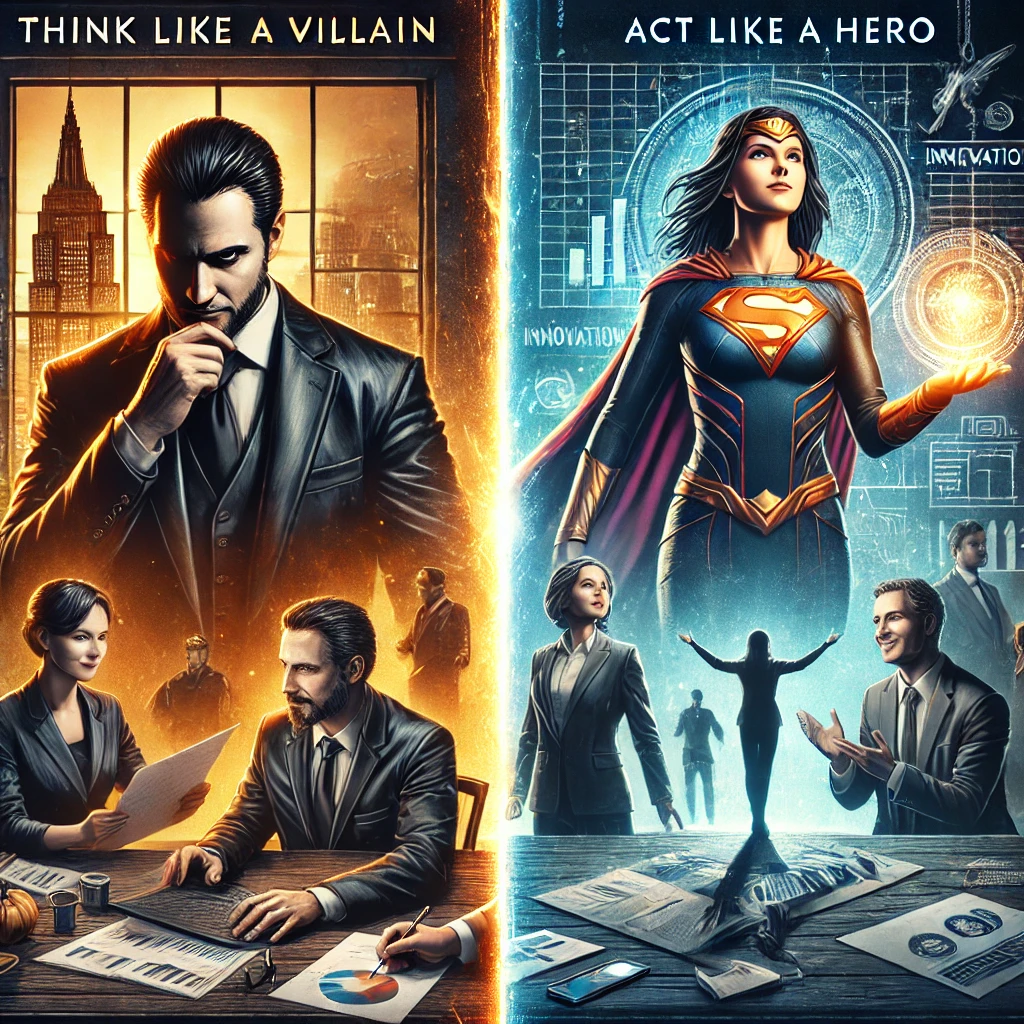 Split composition contrasting thinking like a villain with acting like a superhero