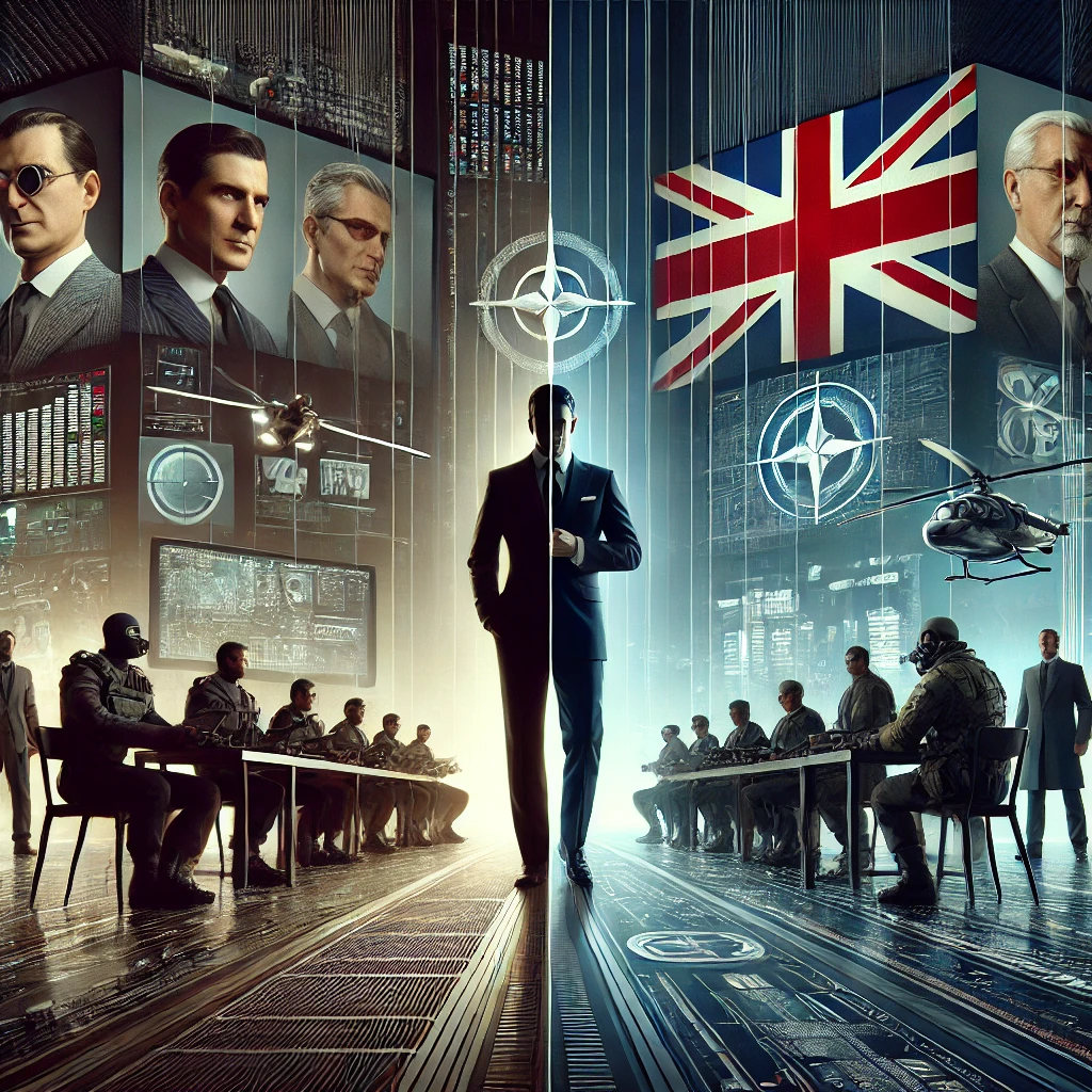 Illustration of a tuxedoed spy in the James Bond style facing meeting rooms, a British flag and technology