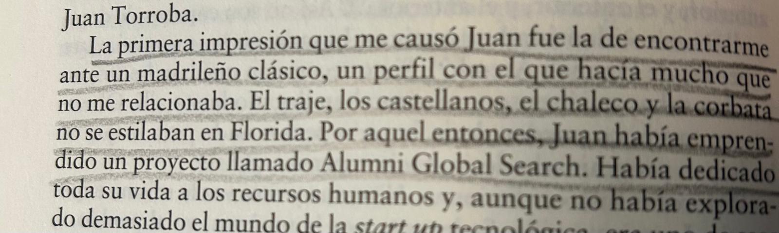 Underlined page of the book describing Juan Torroba and his project Alumni Global Search