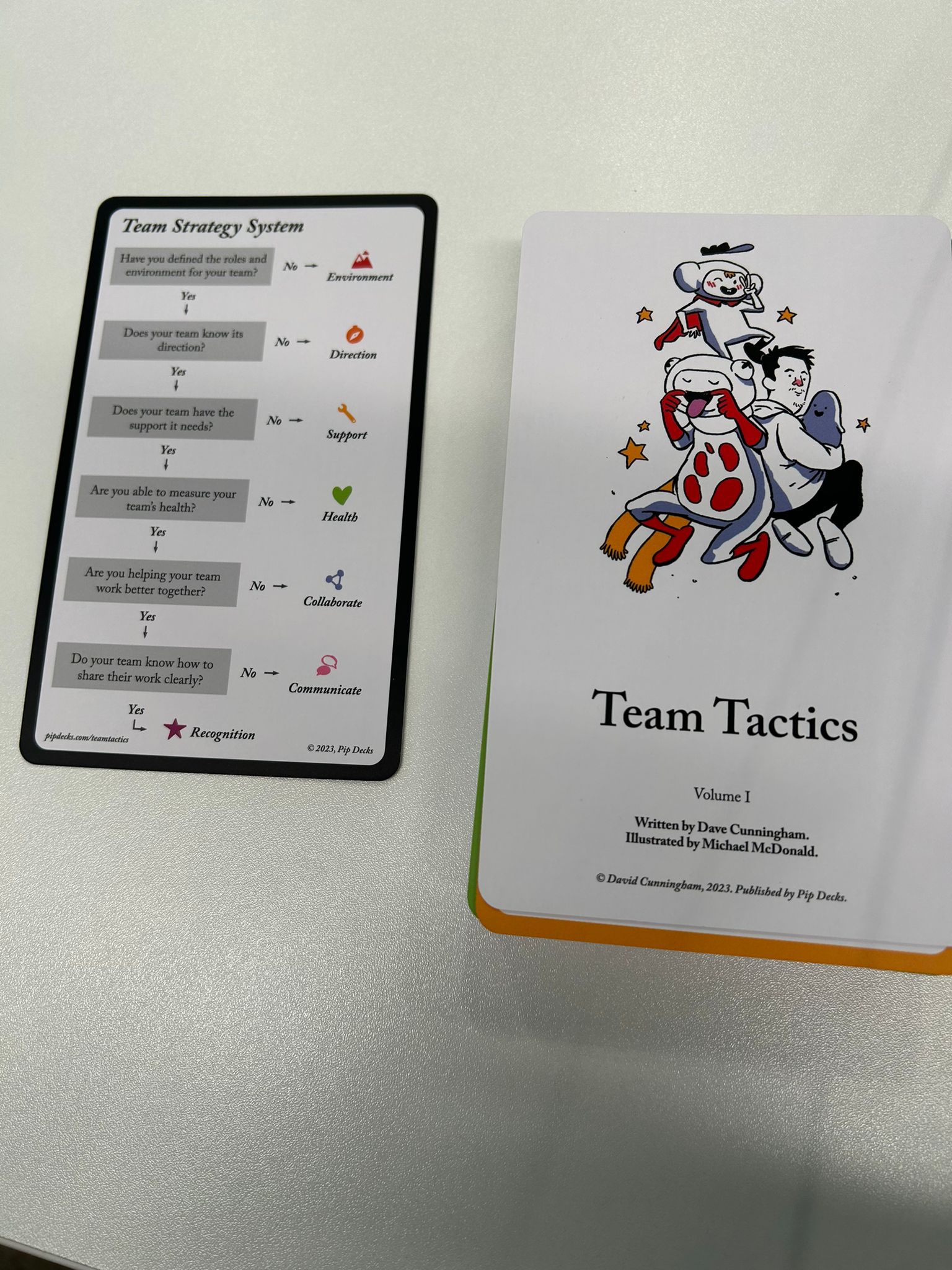 A Team Strategy System card and the cover of Pip Decks' Team Tactics deck on a table