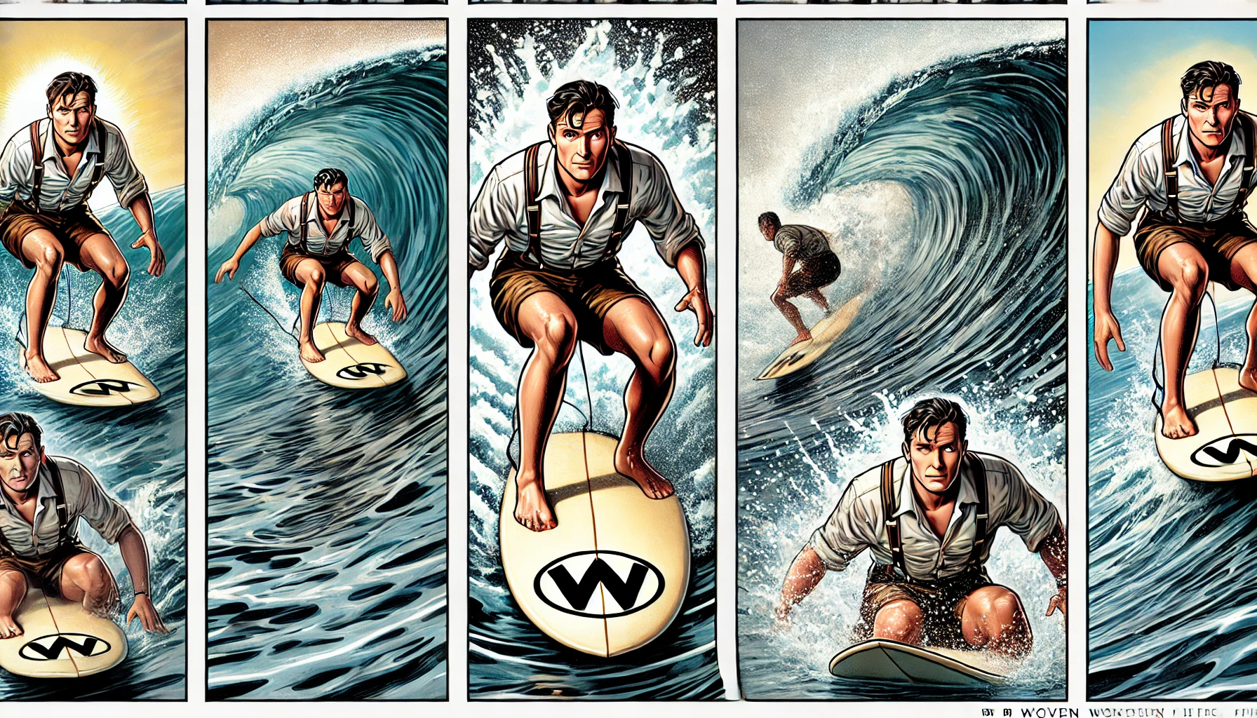 Comic-style illustration of a surfer on a board with the W logo riding a series of waves