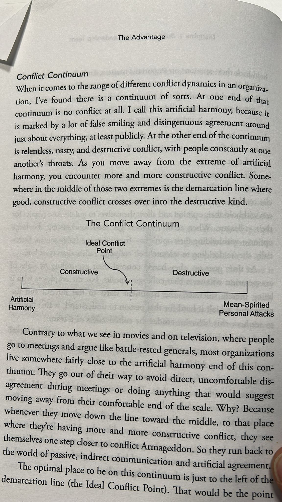 Page of the book showing the Conflict Continuum schema between artificial harmony and destructive attacks