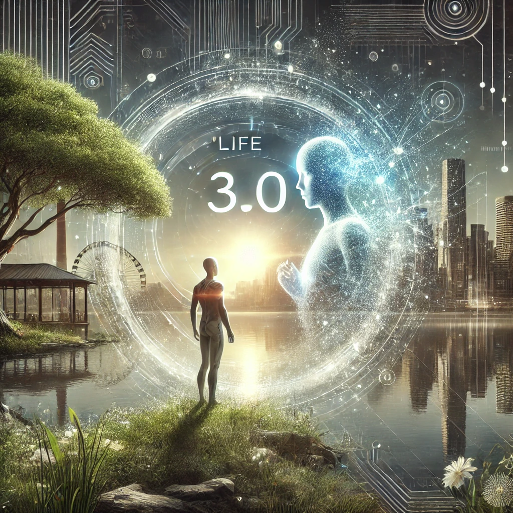 Illustration with the text Life 3.0, a human figure, nature and a futuristic city