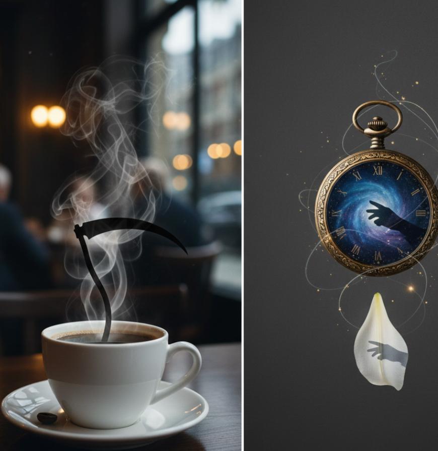 Steaming cup of coffee with a scythe silhouette and a cosmic pocket watch, an allegory of time
