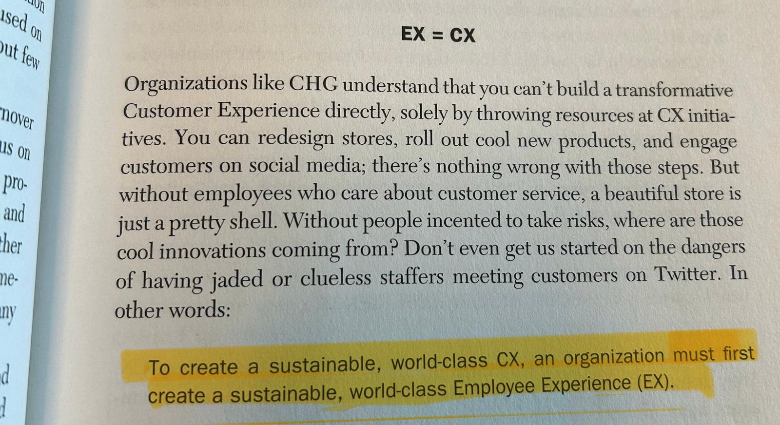 Book page with the idea EX equals CX and an underlined sentence about creating a first-class employee experience
