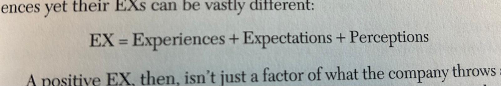 Book excerpt with the formula EX equals Experiences plus Expectations plus Perceptions