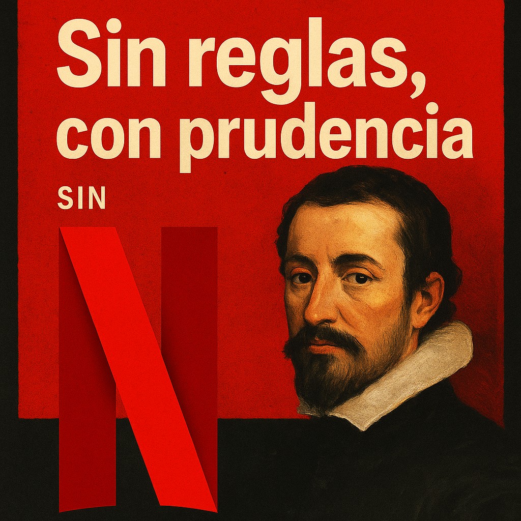 A No rules, but plenty of judgment composition with Netflix's red N and a portrait of Baltasar Gracián
