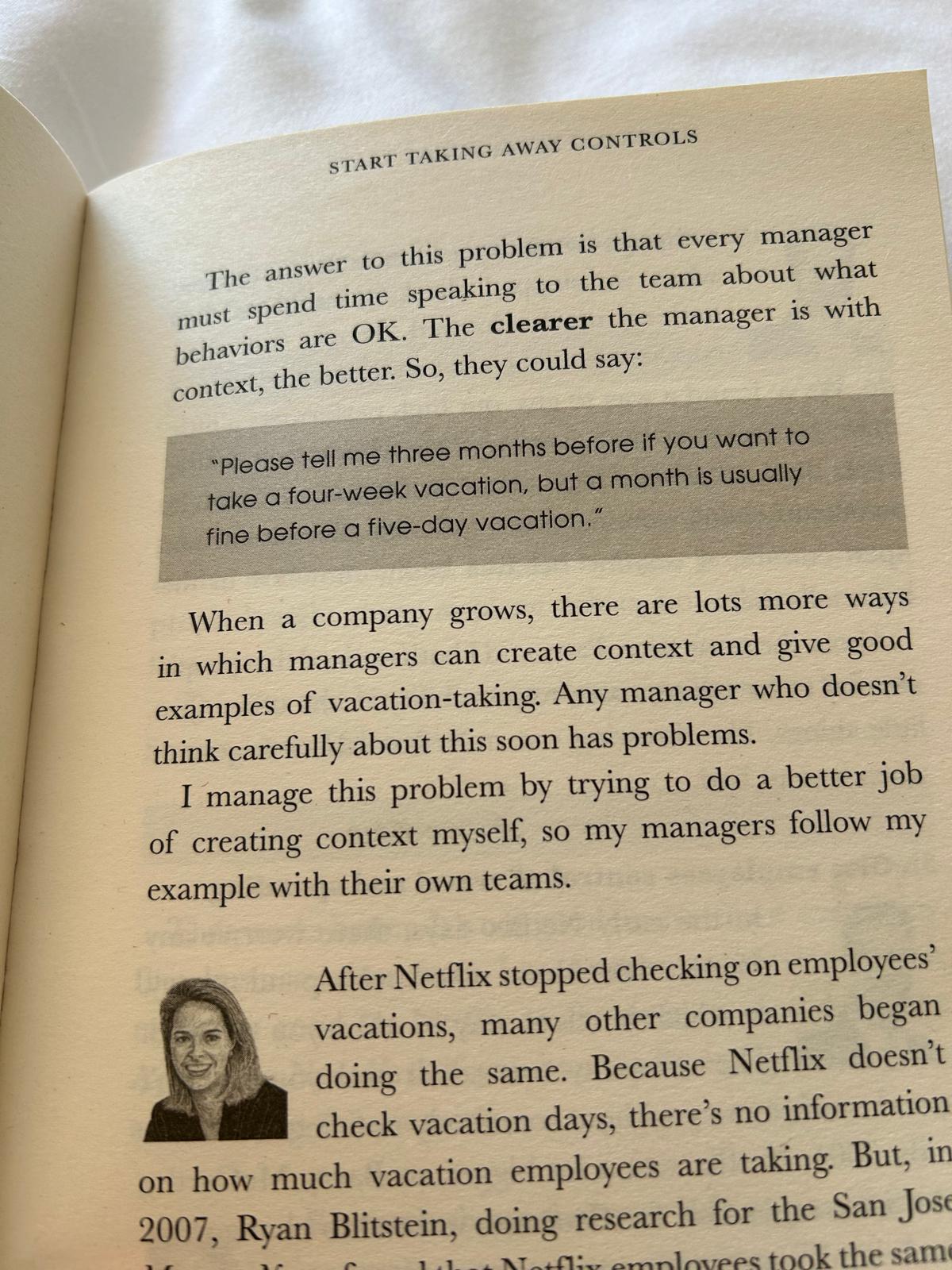 A page from No Rules Rules on giving employees context when they ask for time off