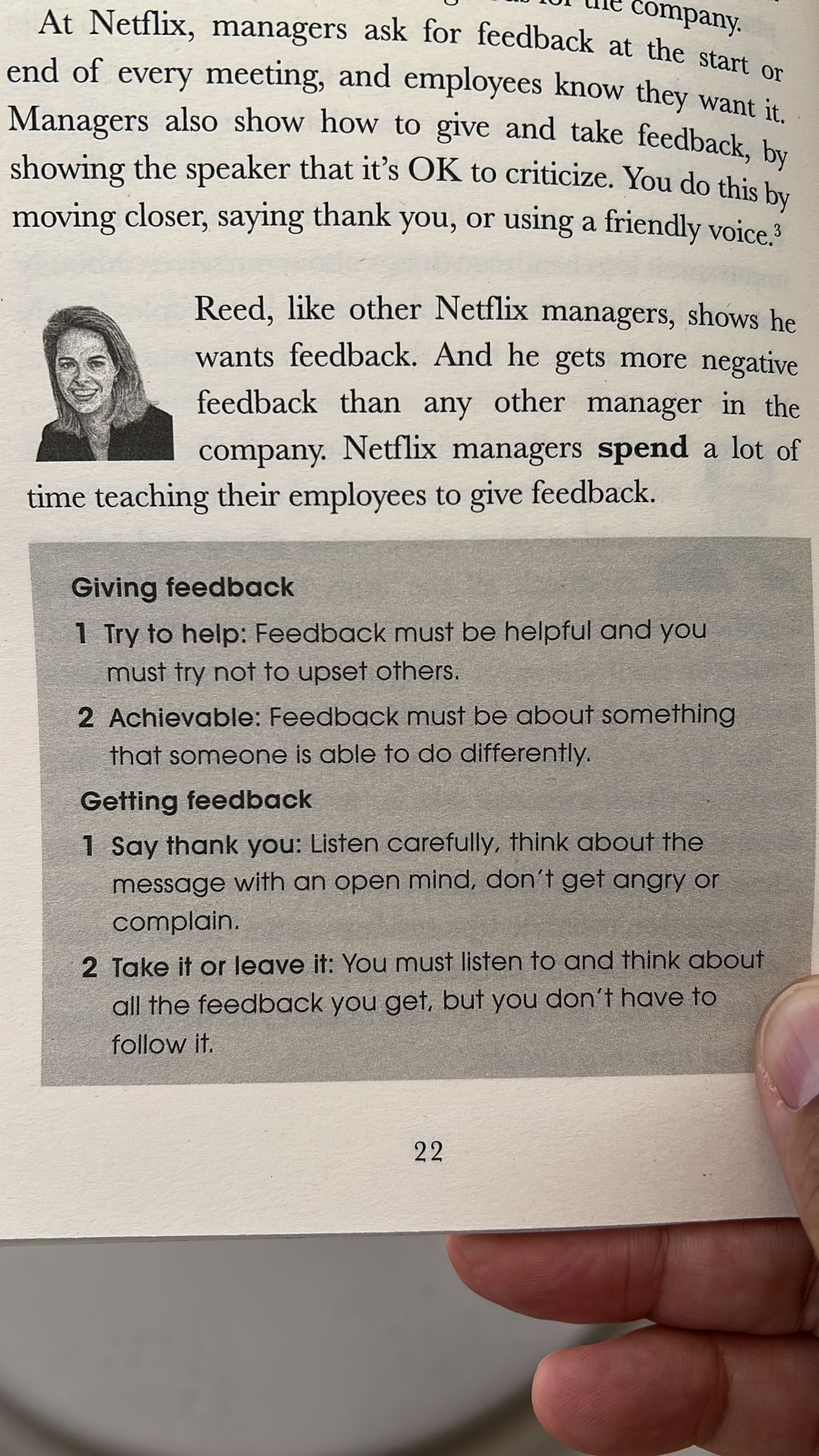 A page from No Rules Rules with Netflix's rules for giving and receiving feedback