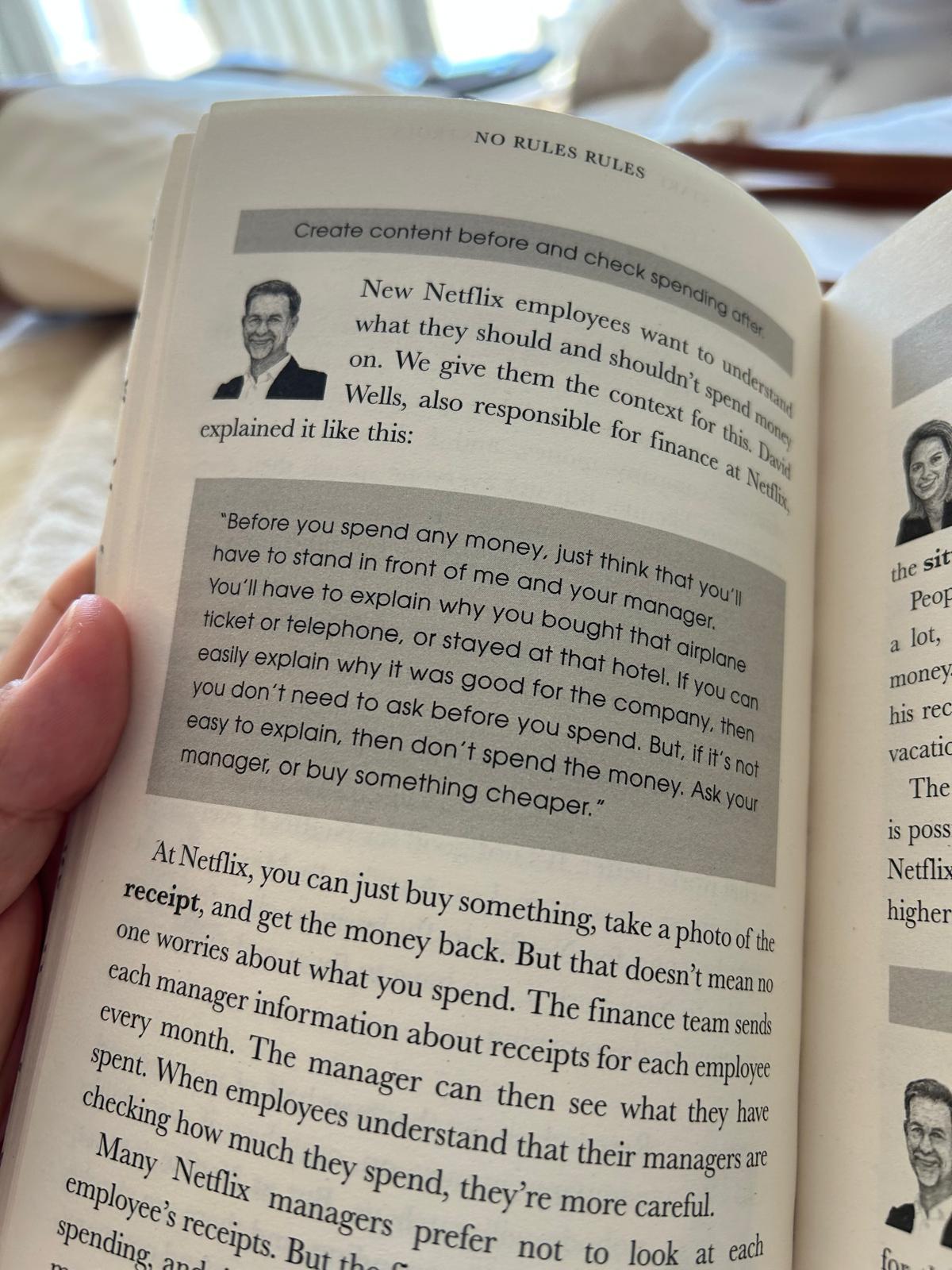 A page from No Rules Rules on Netflix's spending policy based on the company's best interest
