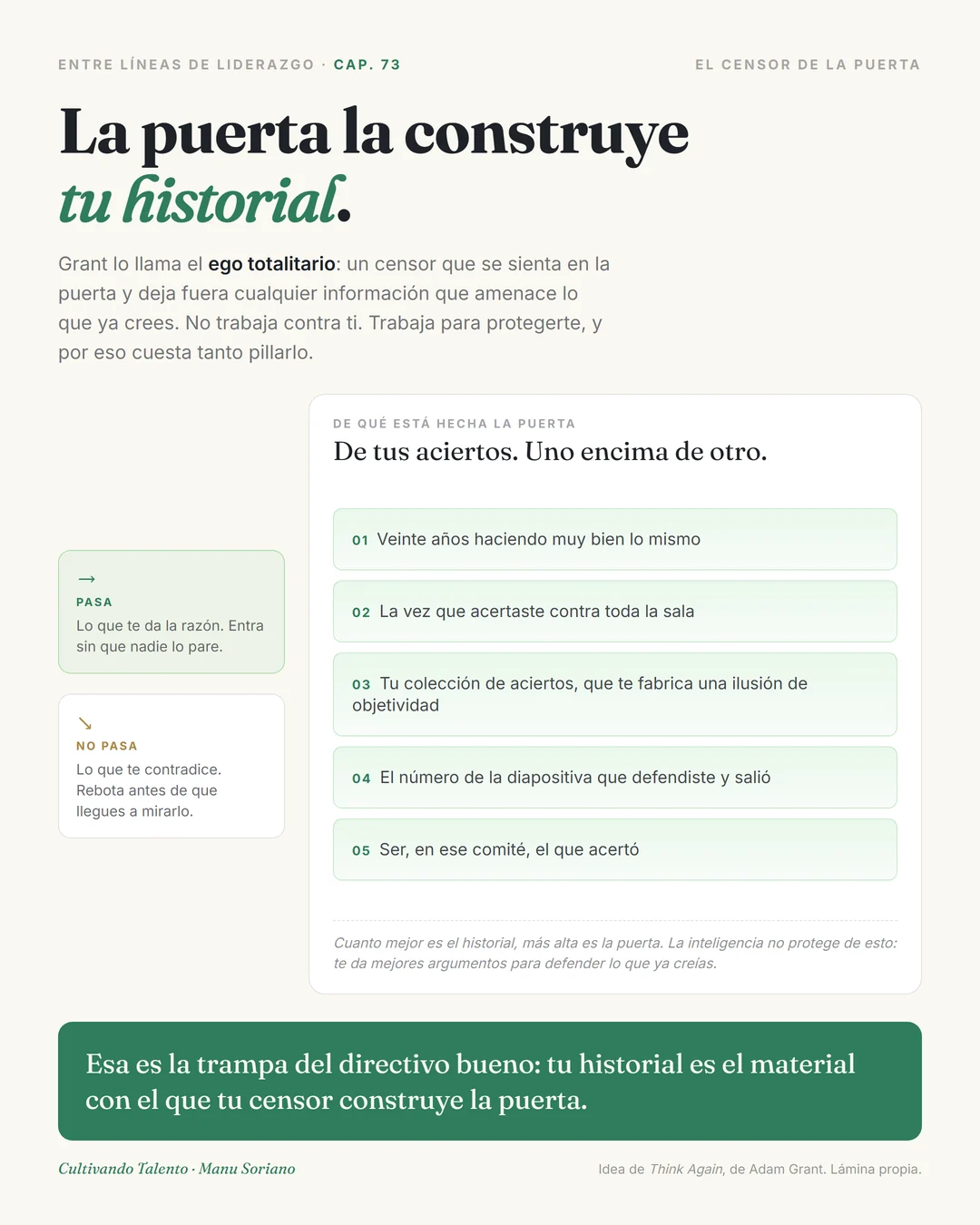 Lámina: una puerta levantada con cinco ladrillos que son los propios aciertos —veinte años haciendo muy bien lo mismo, la vez que acertaste contra toda la sala, tu colección de aciertos, el número de la diapositiva que defendiste y ser el que acertó—; al lado, lo que te da la razón pasa y lo que te contradice rebota antes de que llegues a mirarlo
