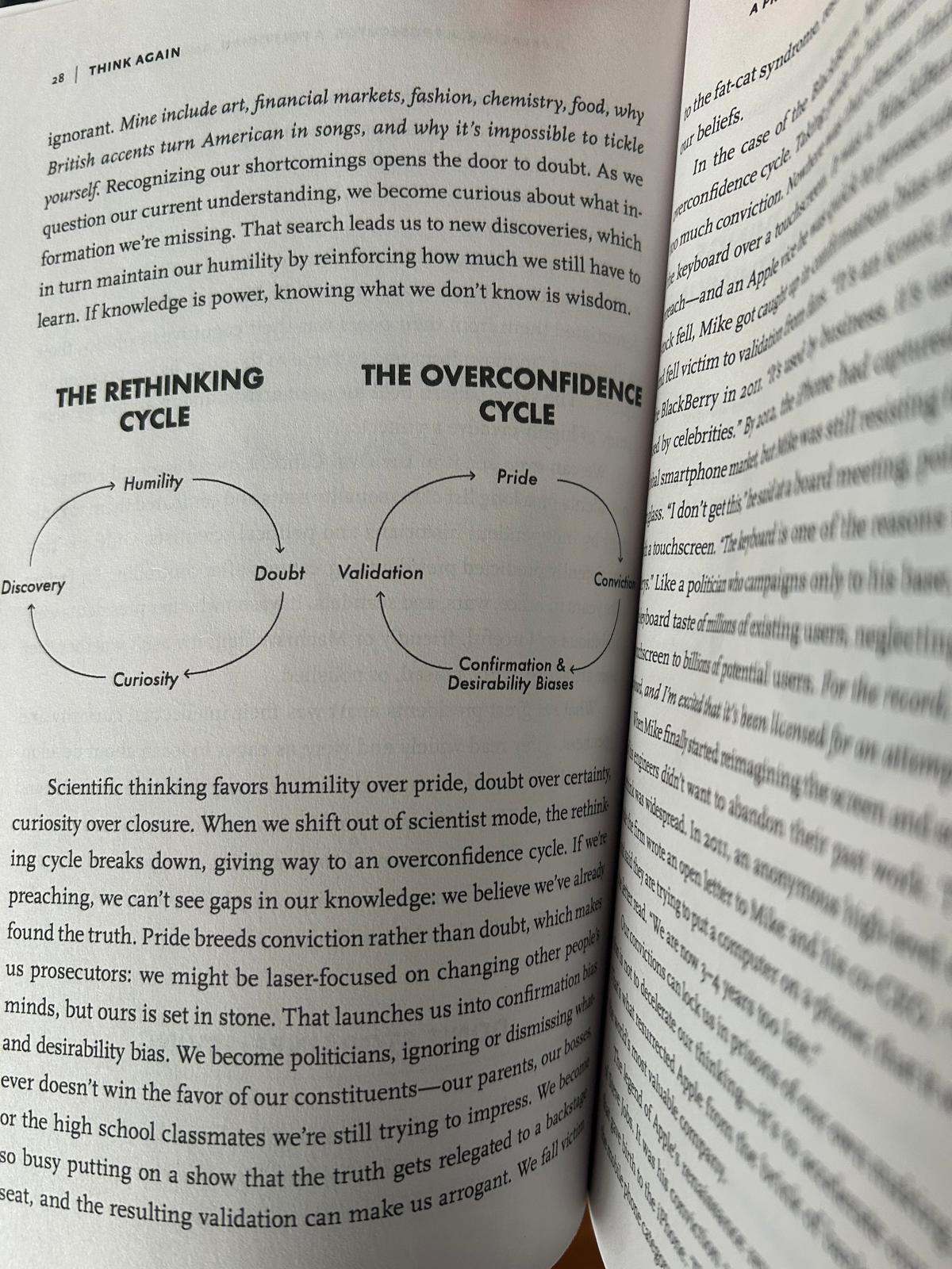 Pages from Think Again showing the rethinking cycle and the overconfidence cycle diagrams