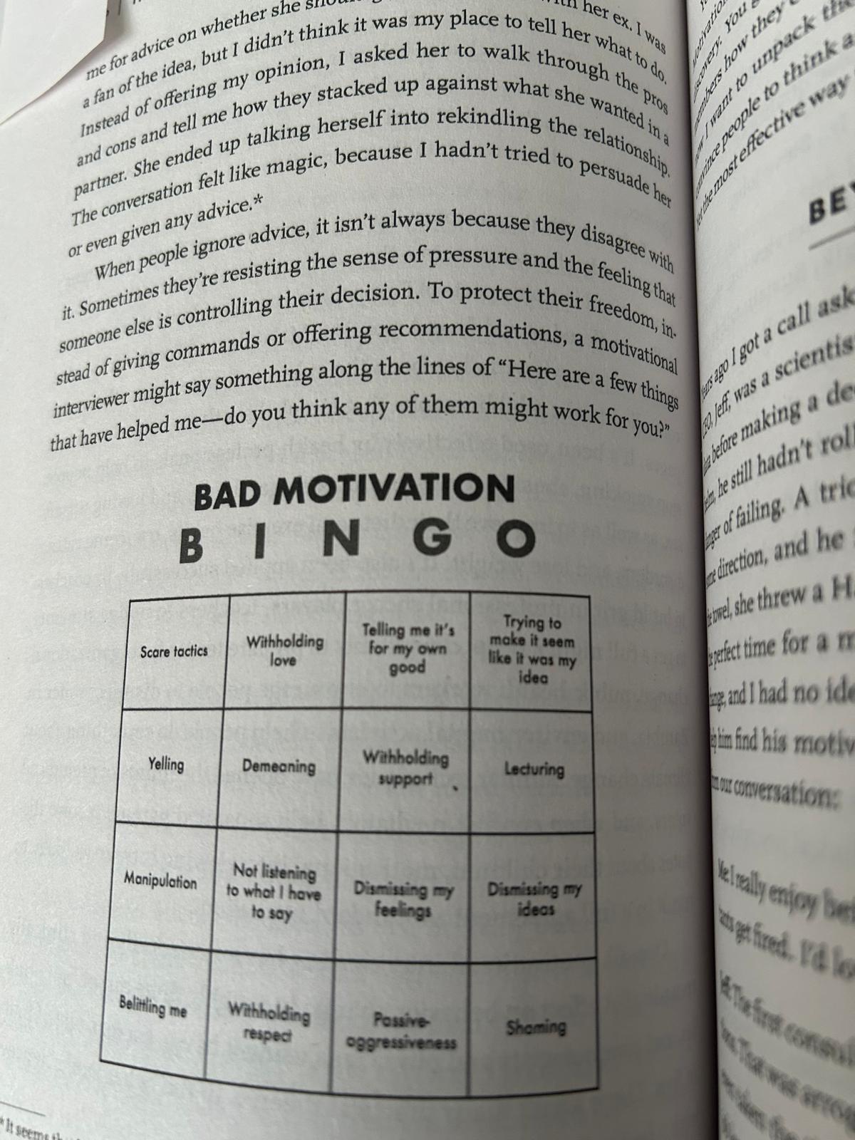 Page from Think Again showing a Bad Motivation Bingo card of poor motivation tactics