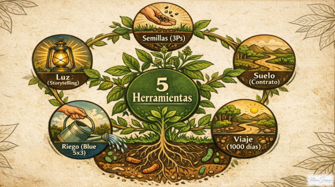 Diagram of the 5 Tools to Cultivate Talent: Seeds, Soil, Watering, Journey and Light