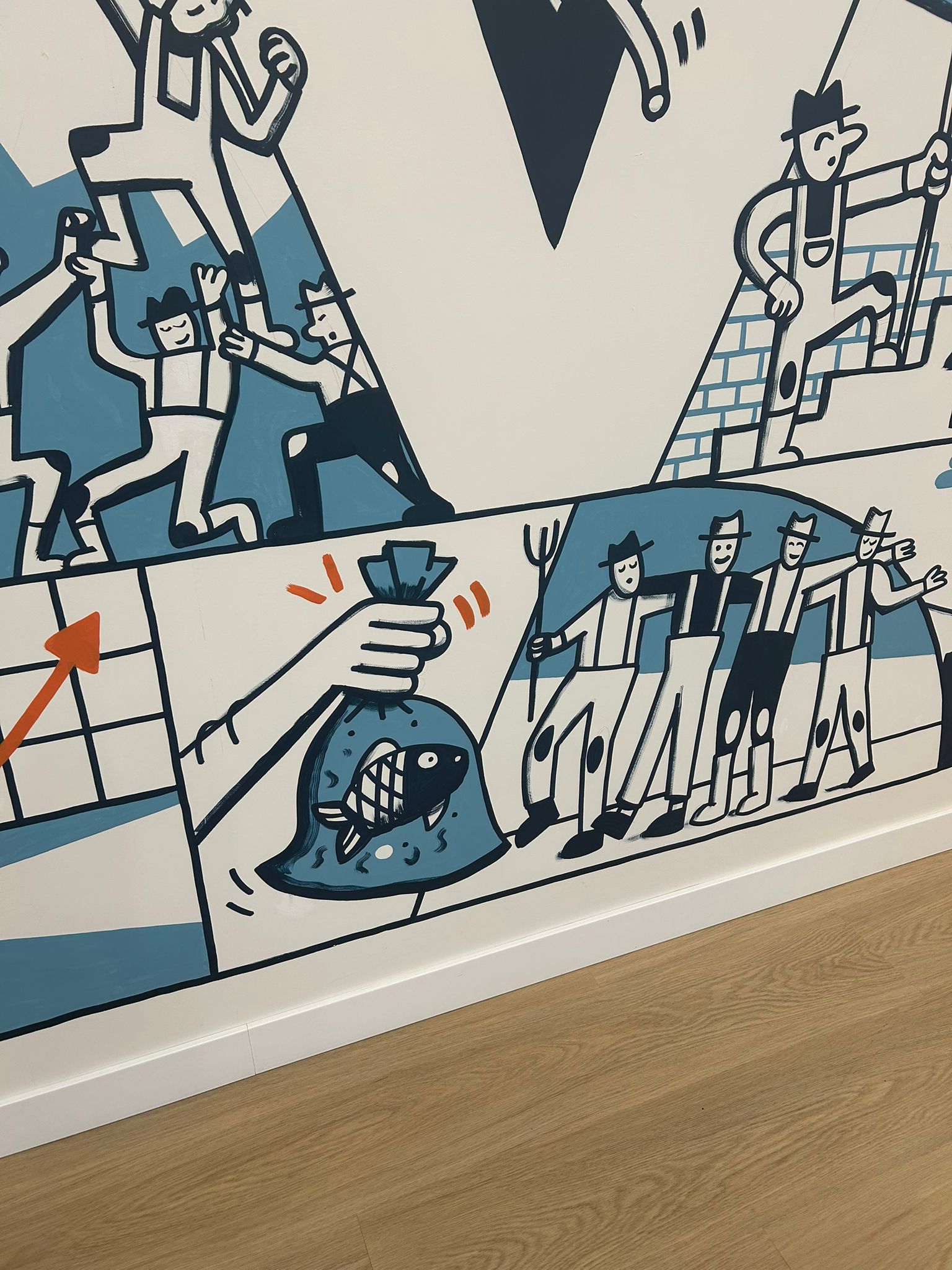 Detail of the mural with the founding partner farmers and the figure holding a fish, a nod to Jerry Maguire