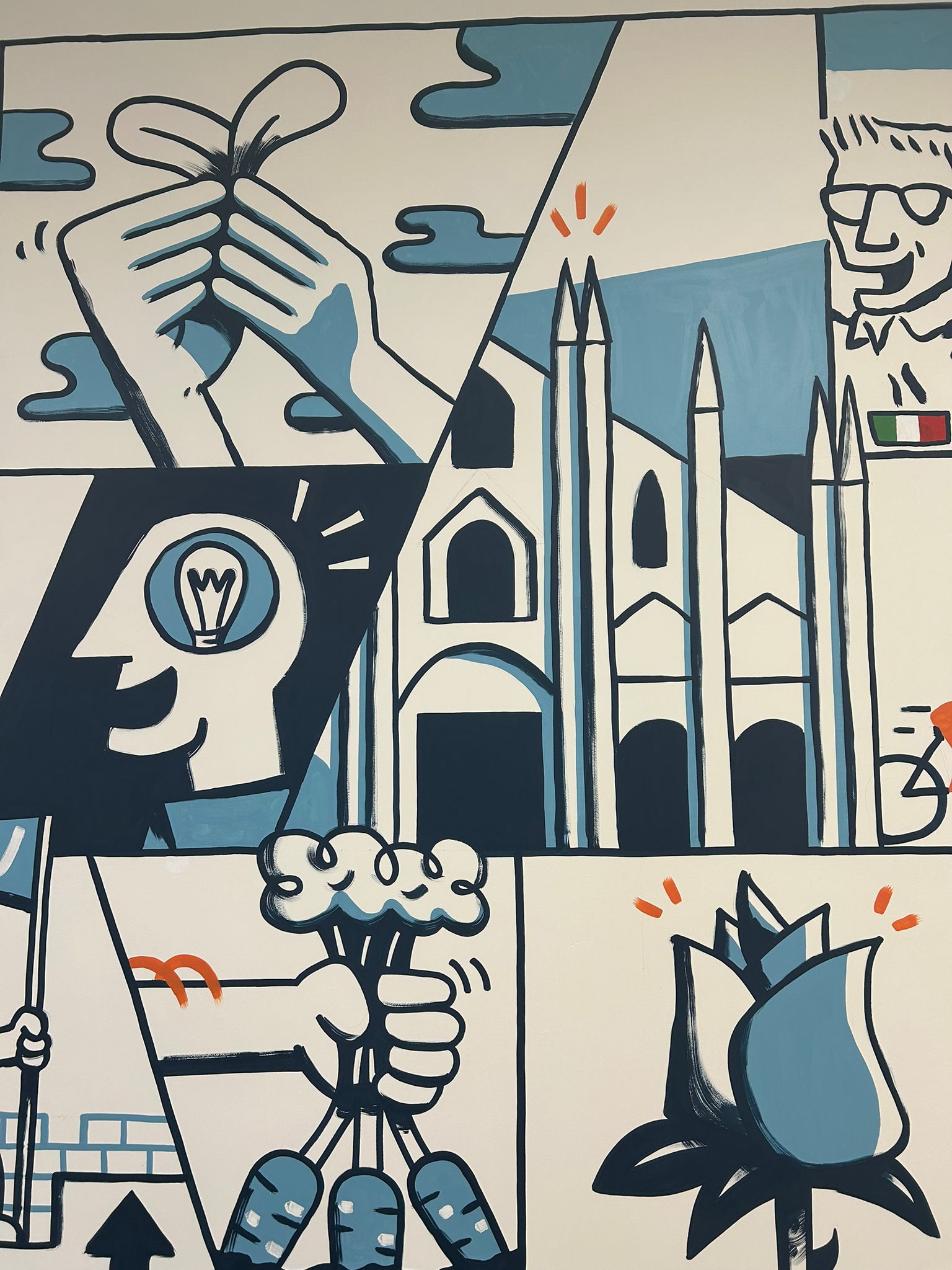 Detail of the mural with Milan's Duomo, a lit-up idea and a blue rose sprouting