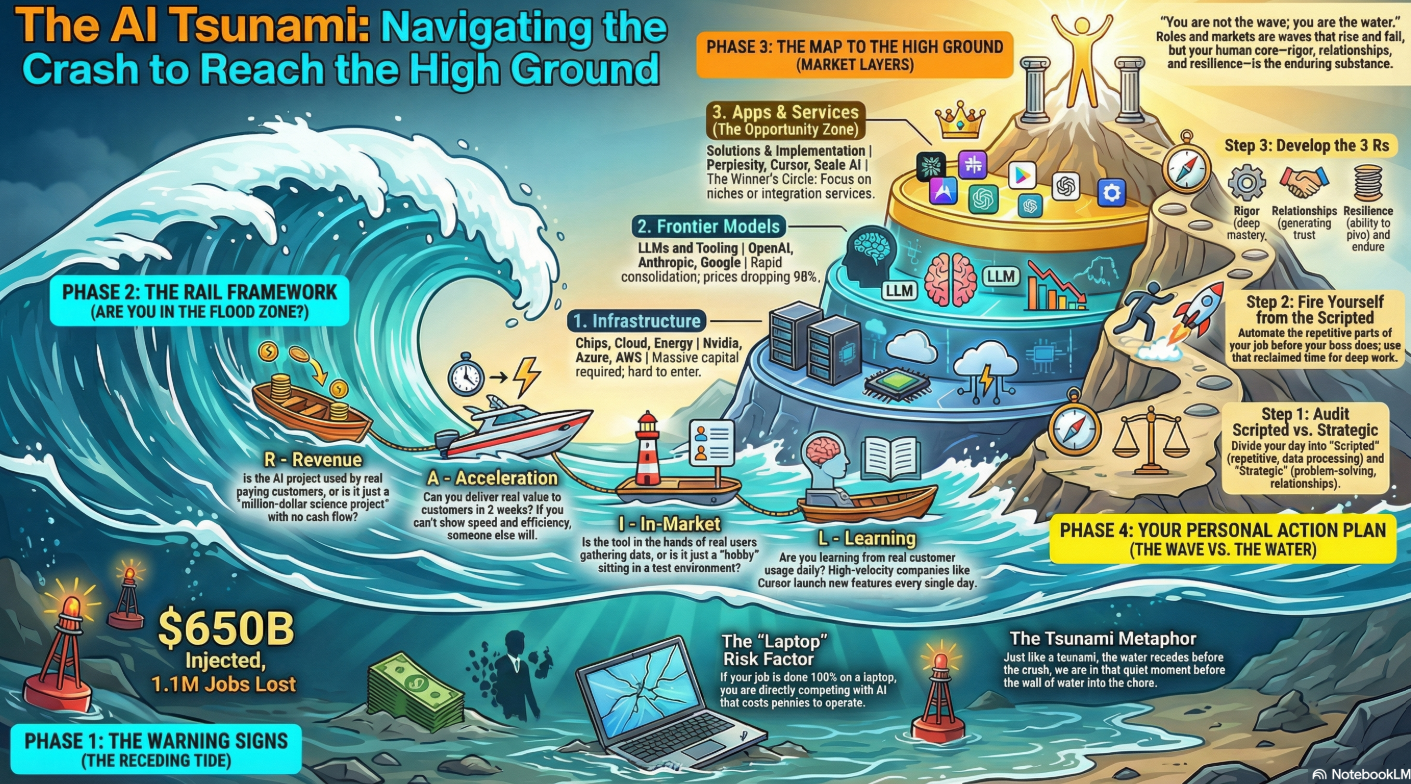 The AI Tsunami infographic with the RAIL framework and an action plan for facing the AI wave