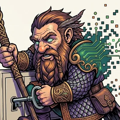 Enano nordico con martillo y cota de malla junto a un archivador